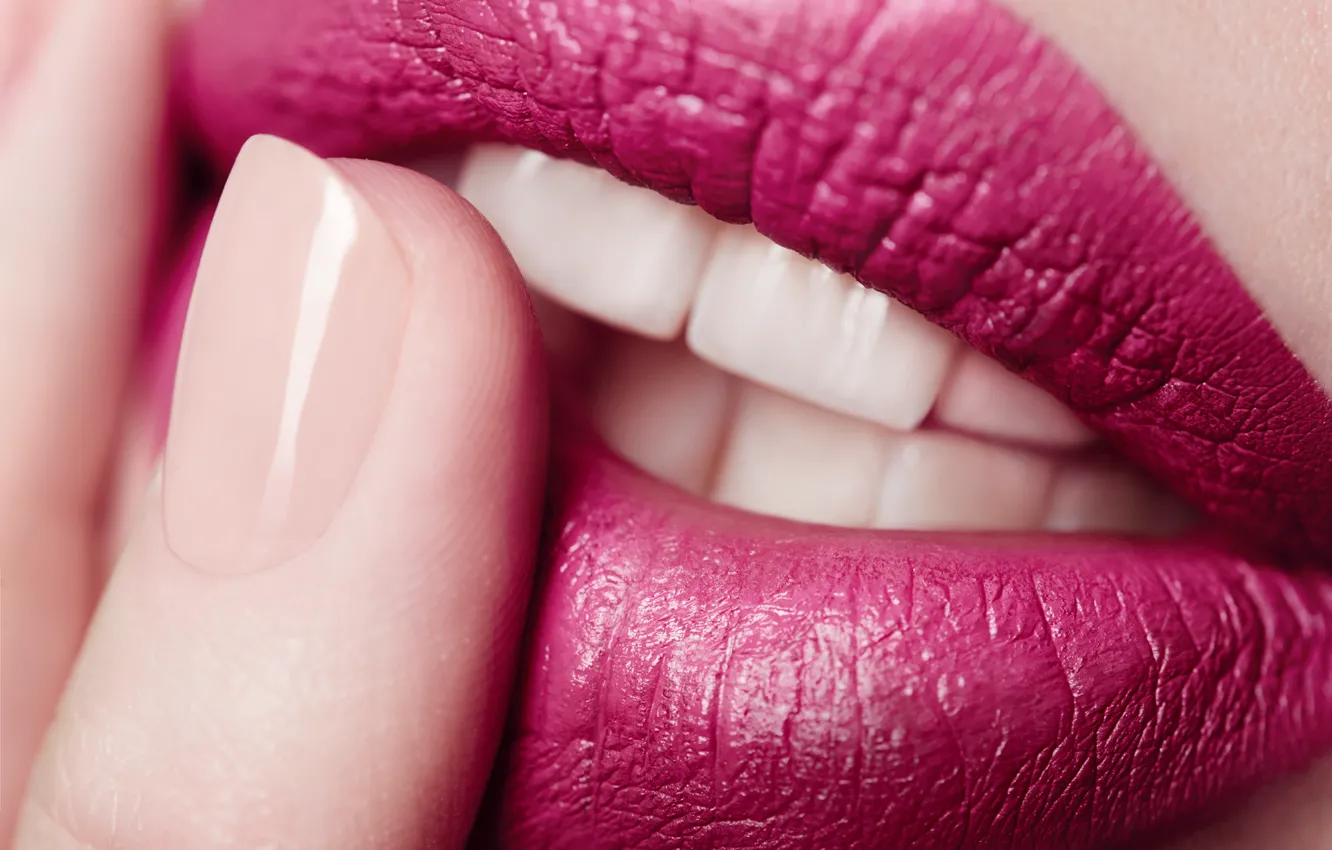 Photo wallpaper teeth, lipstick, lips, fingers