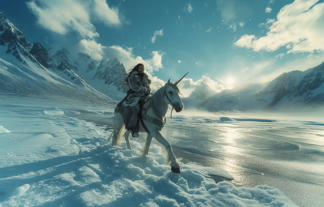 Photo wallpaper winter, white, girl, the sun, clouds, light, snow, mountains