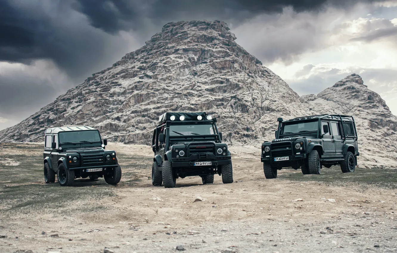 Photo wallpaper Land Rover, Car, Clouds, Defender, Rocks, Offroad