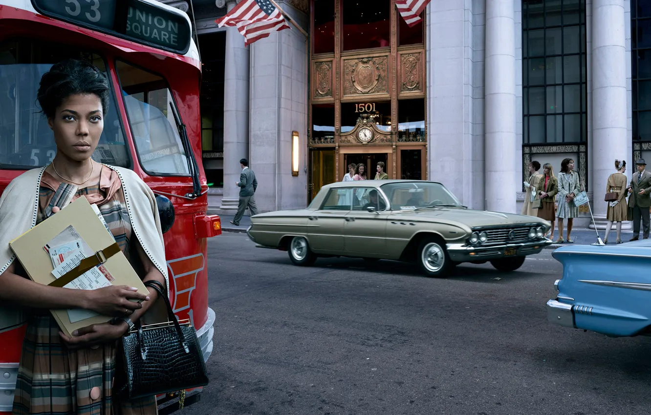 Photo wallpaper auto, girl, the city, retro, street, Buick, Chevrolet Impala, Stories
