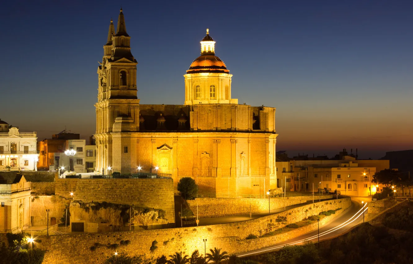 Photo wallpaper night, lights, home, Cathedral, Malta, Valletta