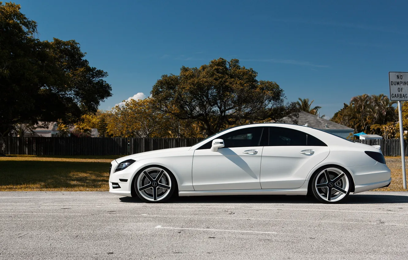 Photo wallpaper Mercedes, side view, White, Matte, Tuning, CLS 550