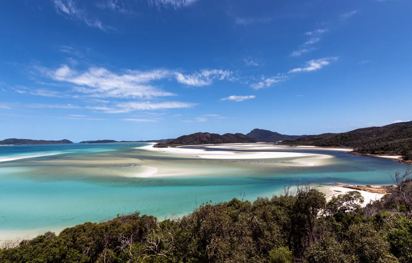 Photo wallpaper sea, beach, the sky, clouds, mountains, blue, the ocean, hills
