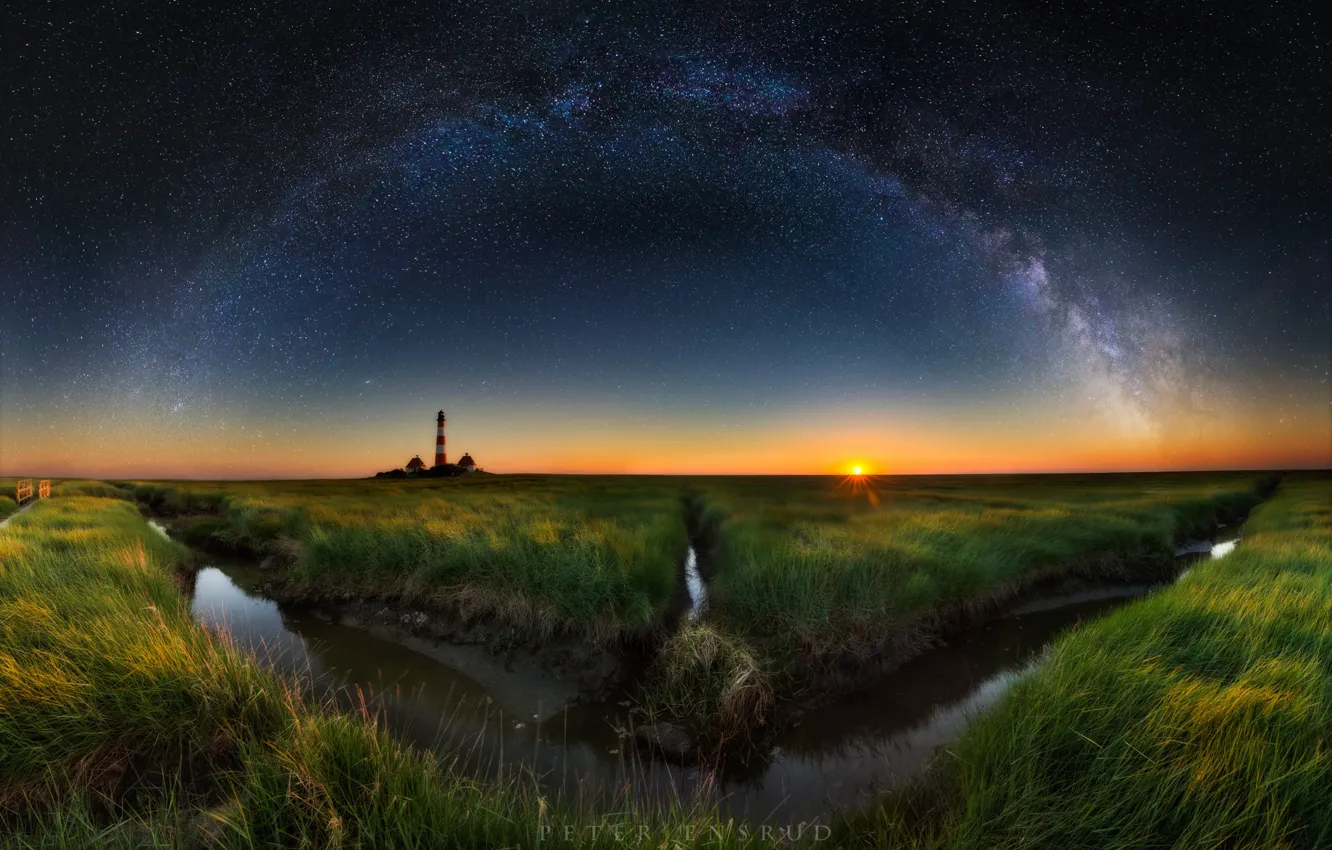 Photo wallpaper the sky, stars, night, lighthouse, the evening, the milky way