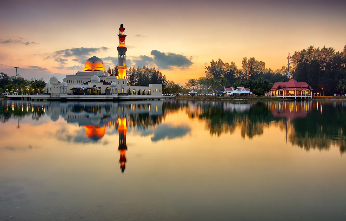 Photo wallpaper the sky, trees, sunset, lights, lake, the evening, mosque, the minaret