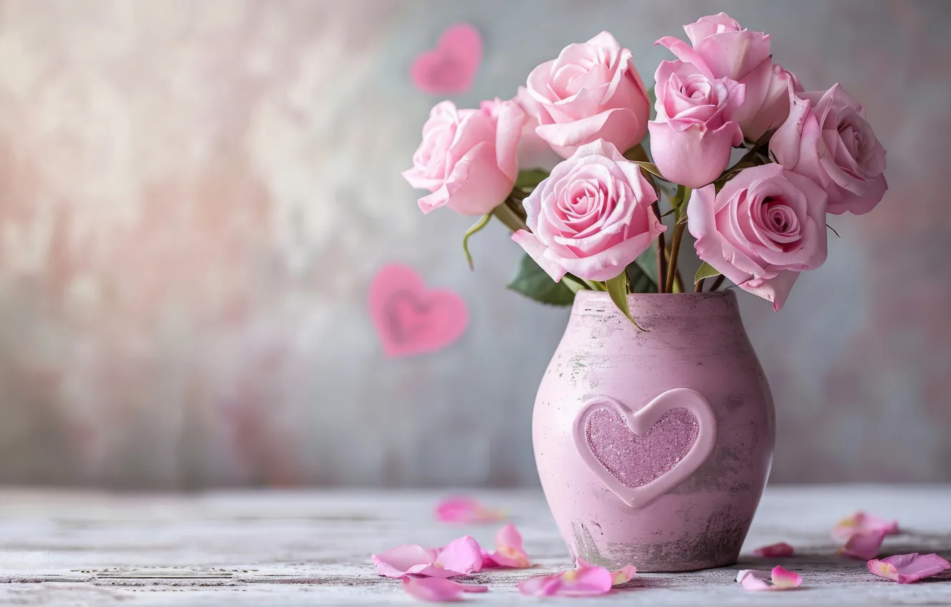 Photo wallpaper flowers, table, holiday, heart, roses, bouquet, petals, vase