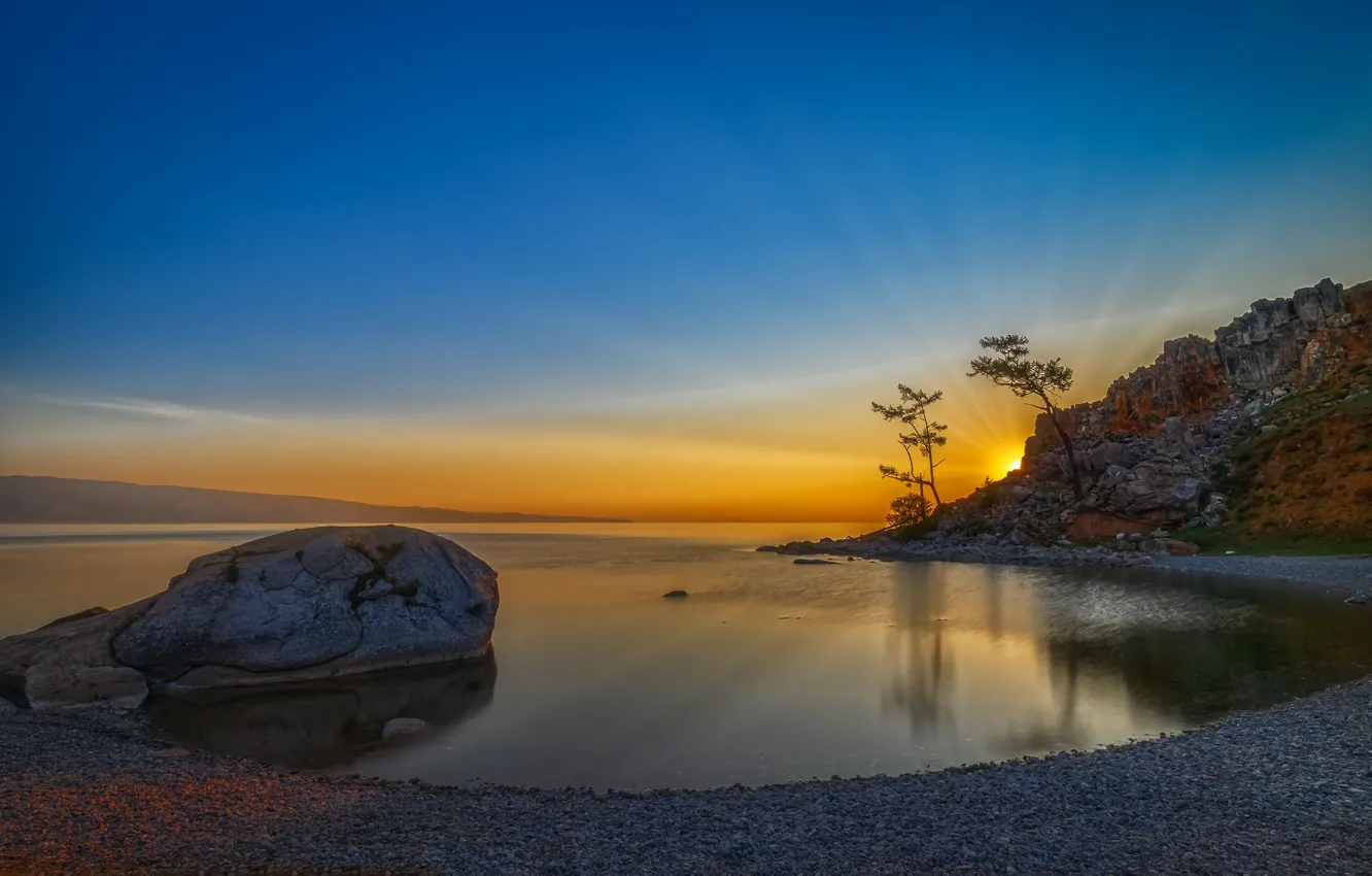 Photo wallpaper trees, lake, sunrise, stones, rocks, dawn, Russia, Lake Baikal