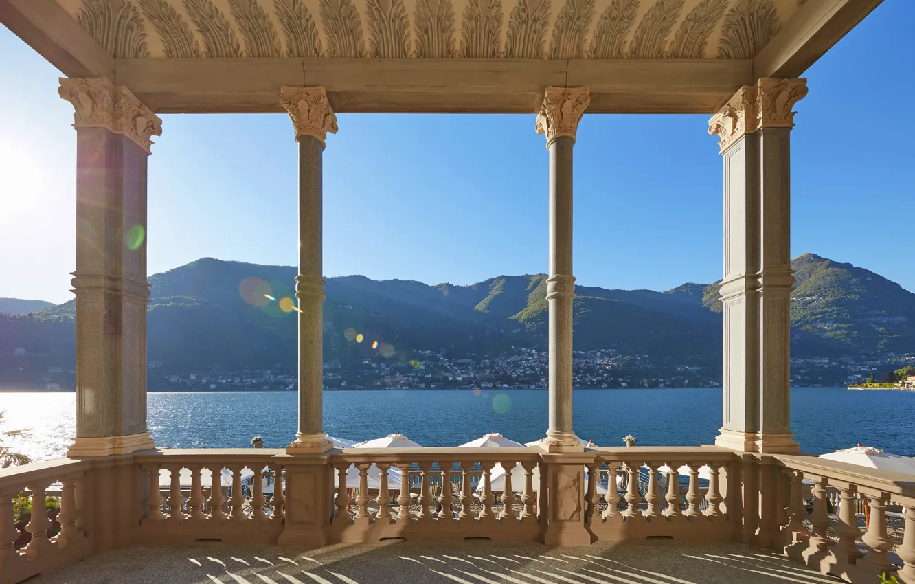 Photo wallpaper lake, Italy, columns, the hotel, terrace, Como, Mandarin Oriental, Blevio