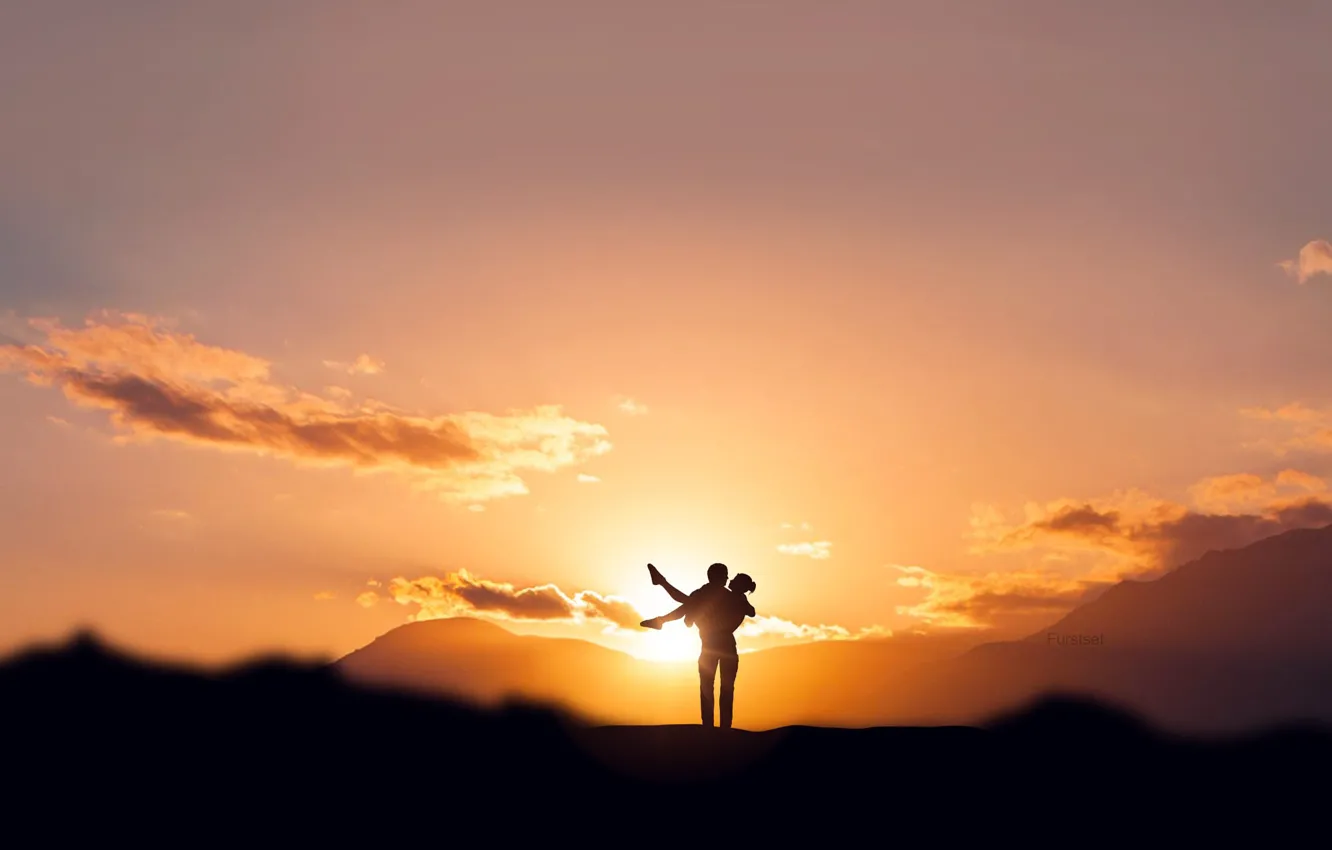 Photo wallpaper the sky, clouds, love, sunset, feelings, figure, silhouette, hugs