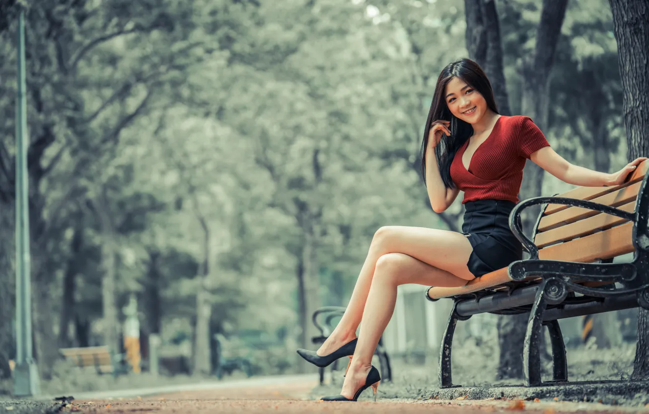 Photo wallpaper girl, smile, Park, legs, Asian, cutie, bench, bokeh