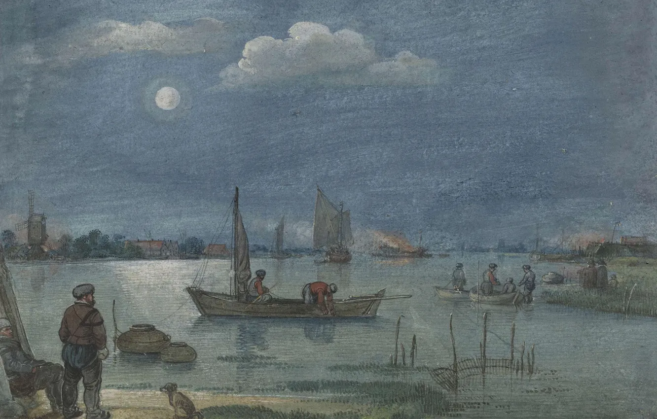 Photo wallpaper figure, Hendrick Avercamp, Hendrick Avercamp, Fishermen in the moonlight