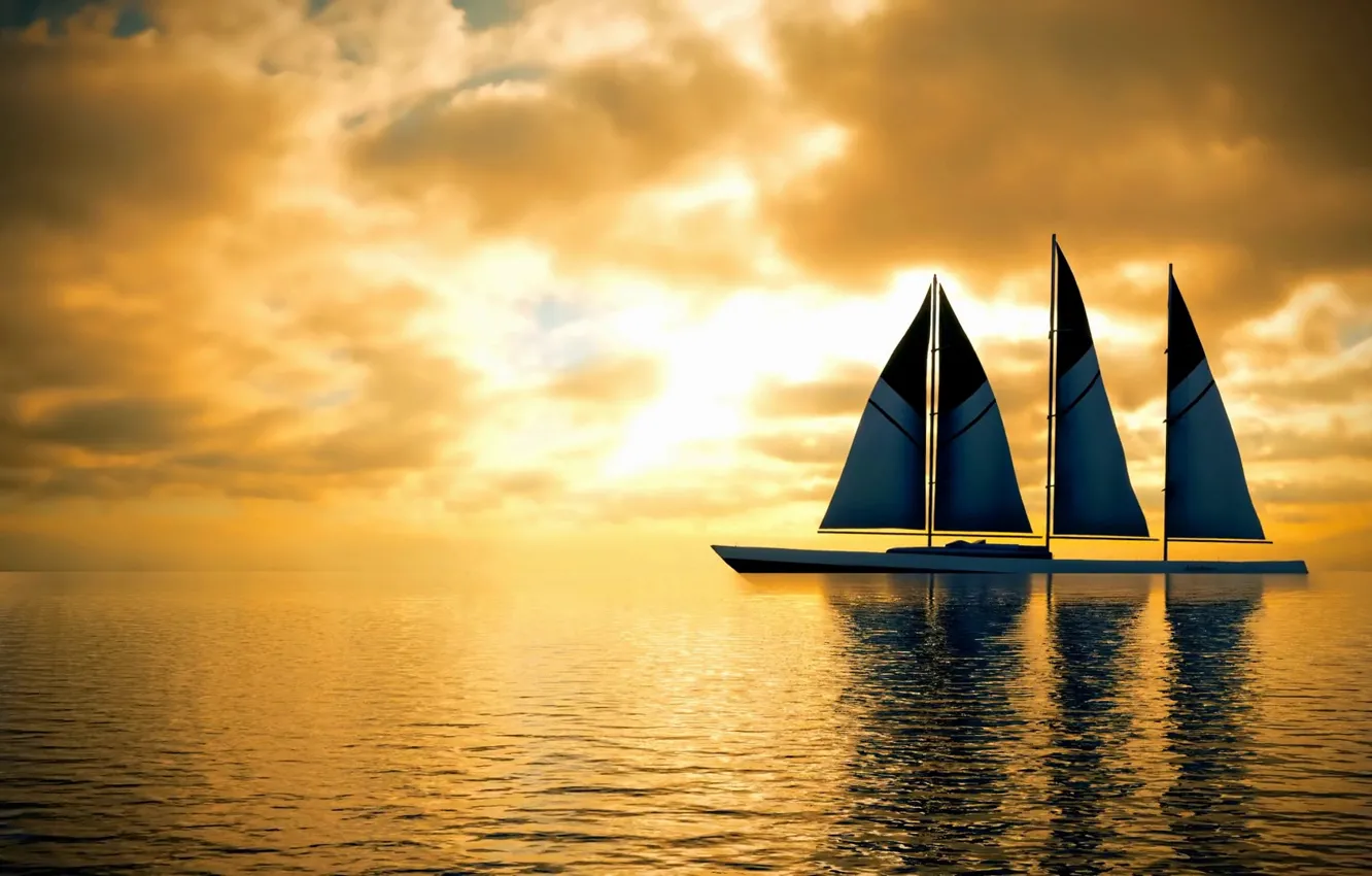 Photo wallpaper the sky, sunset, clouds, reflection, the ocean, ship, sailboat, horizon