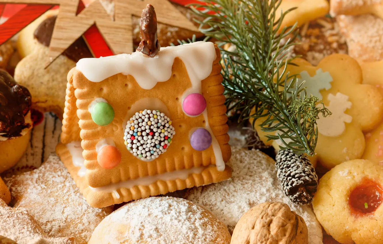 Photo wallpaper winter, holiday, branch, cookies, walnut, Christmas, New year, house