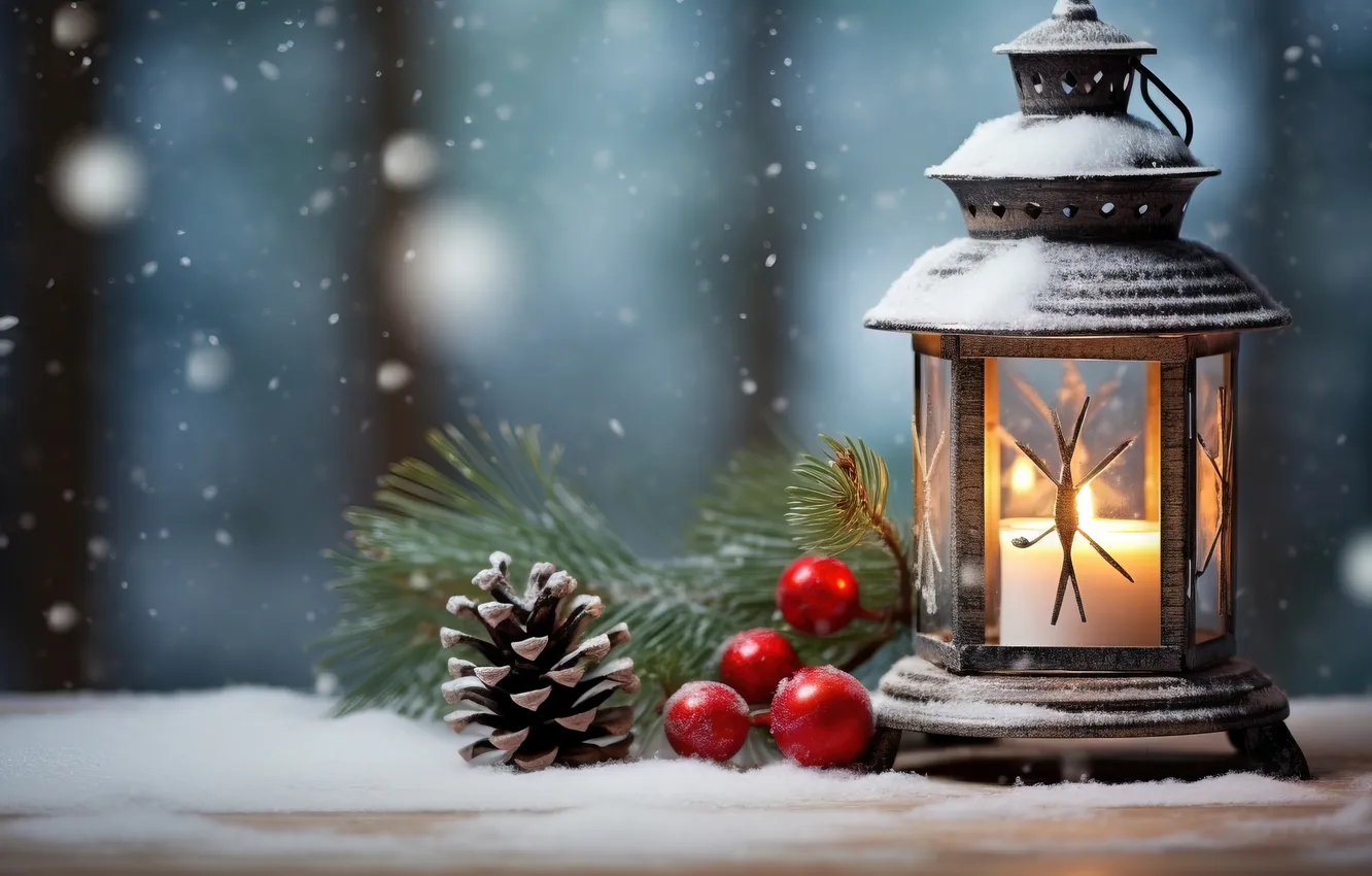 Photo wallpaper winter, snow, night, new year, Christmas, lights, Christmas, night