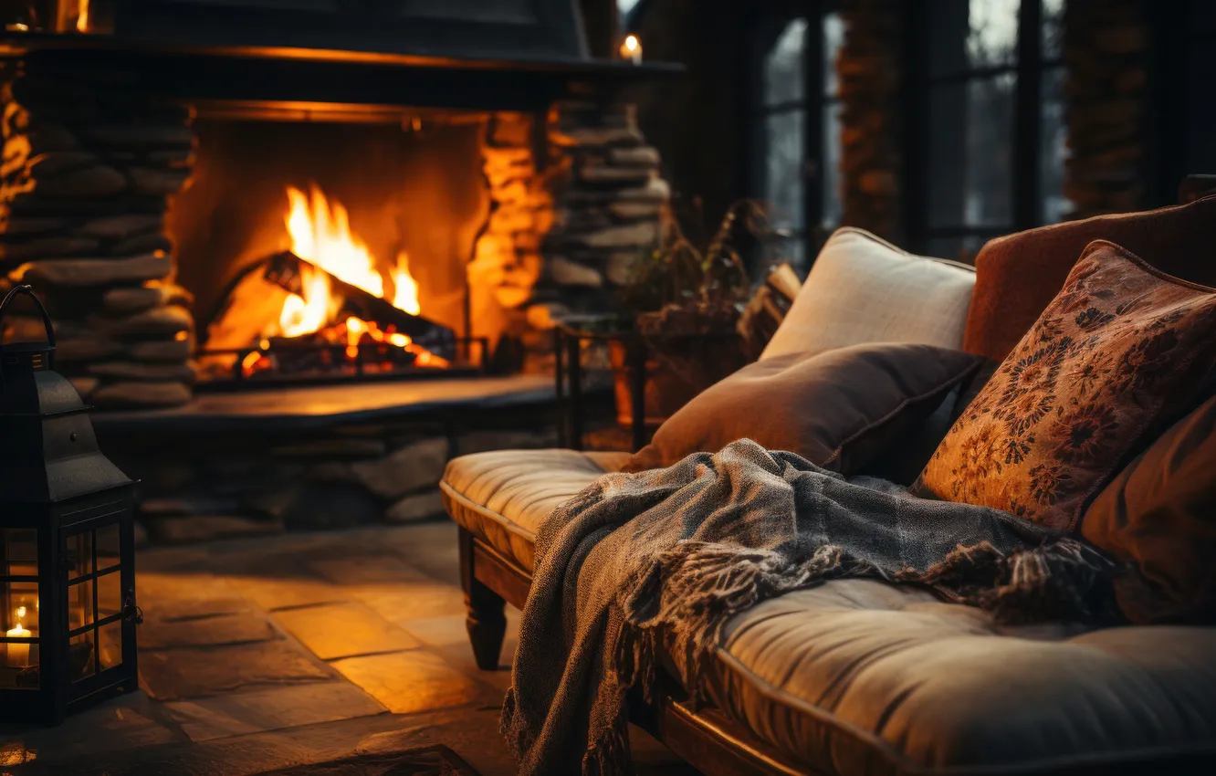 Photo wallpaper winter, snow, lights, comfort, room, sofa, the evening, candles