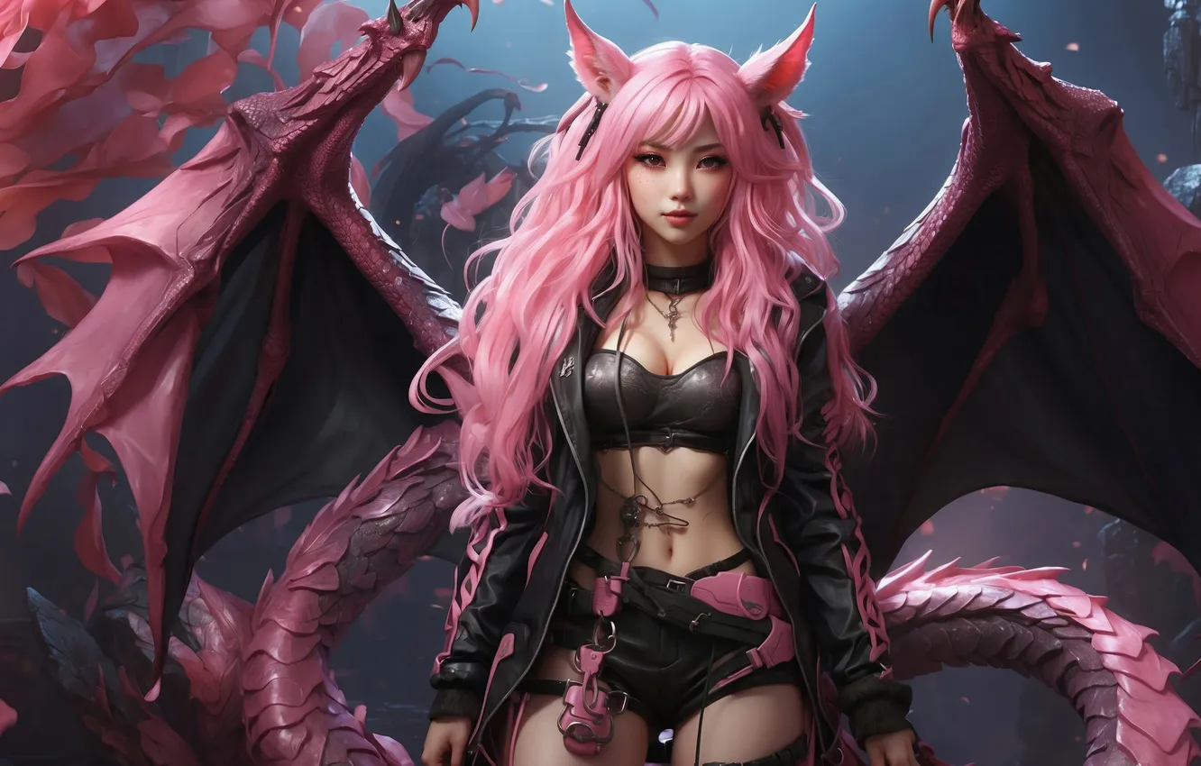 Photo wallpaper demoness, ears, bokeh, digital art, pink hair, succubus, digital art, fantasy art