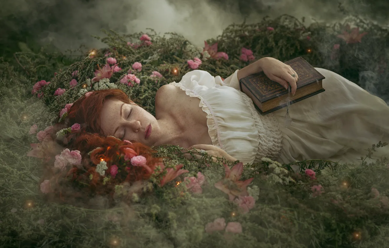 Photo wallpaper girl, flowers, nature, fog, sleep, dress, freckles, book