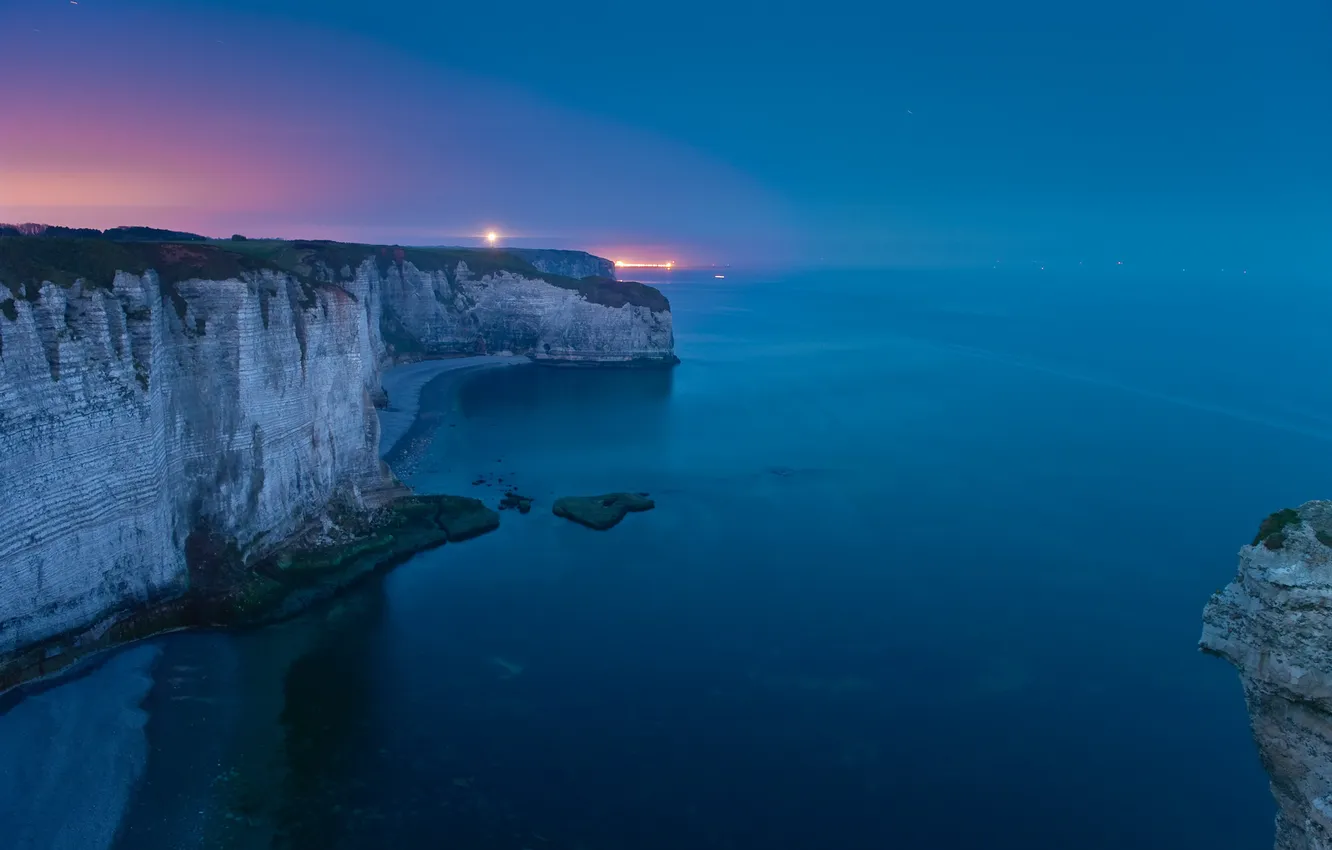 Photo wallpaper sea, lights, rocks, the evening
