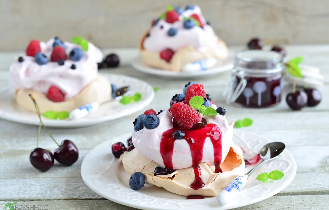 Photo wallpaper berries, raspberry, dessert, cherry, blueberries, meringue, meringue
