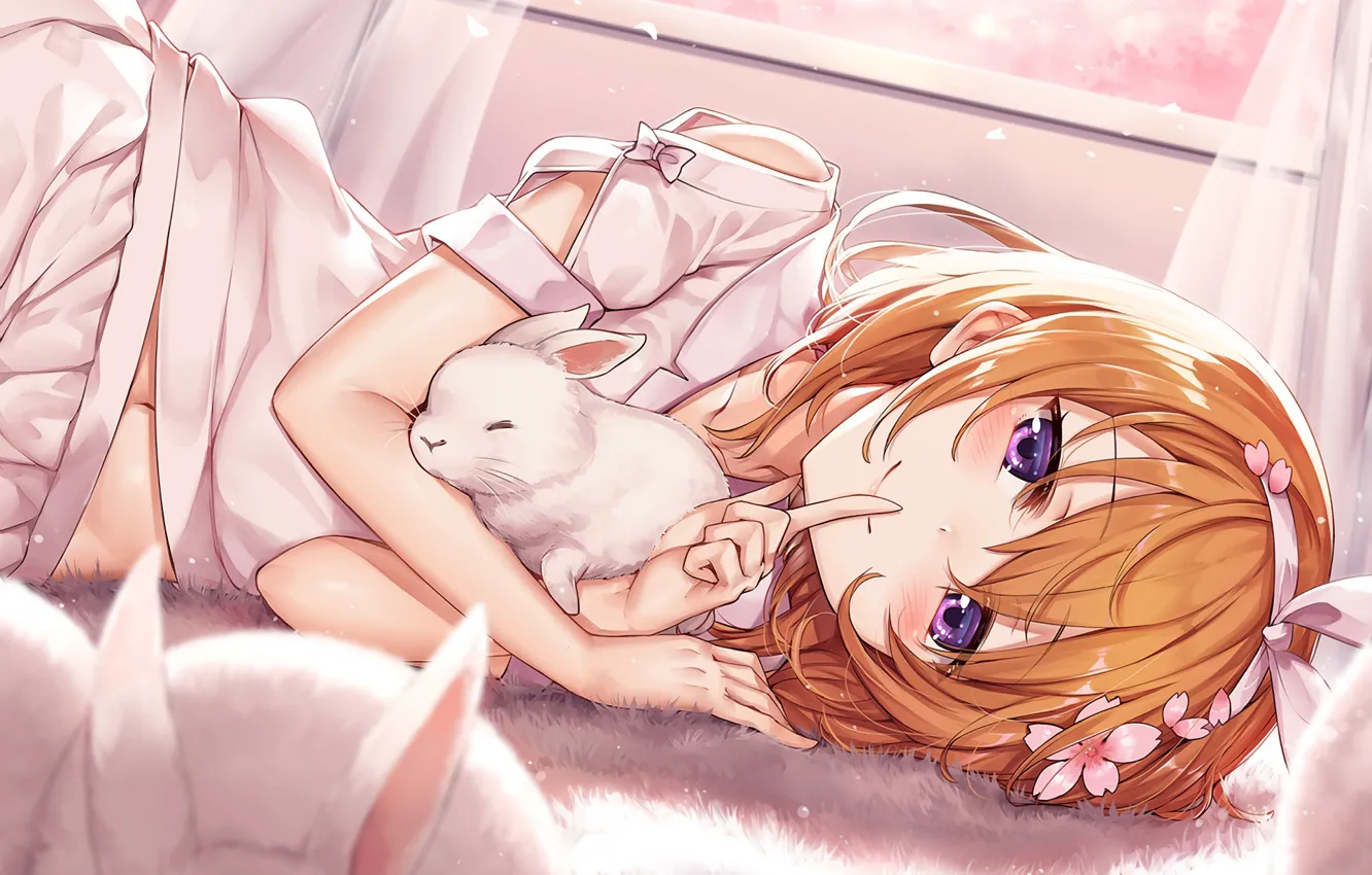 Photo wallpaper rabbit, girl, gesture, quiet