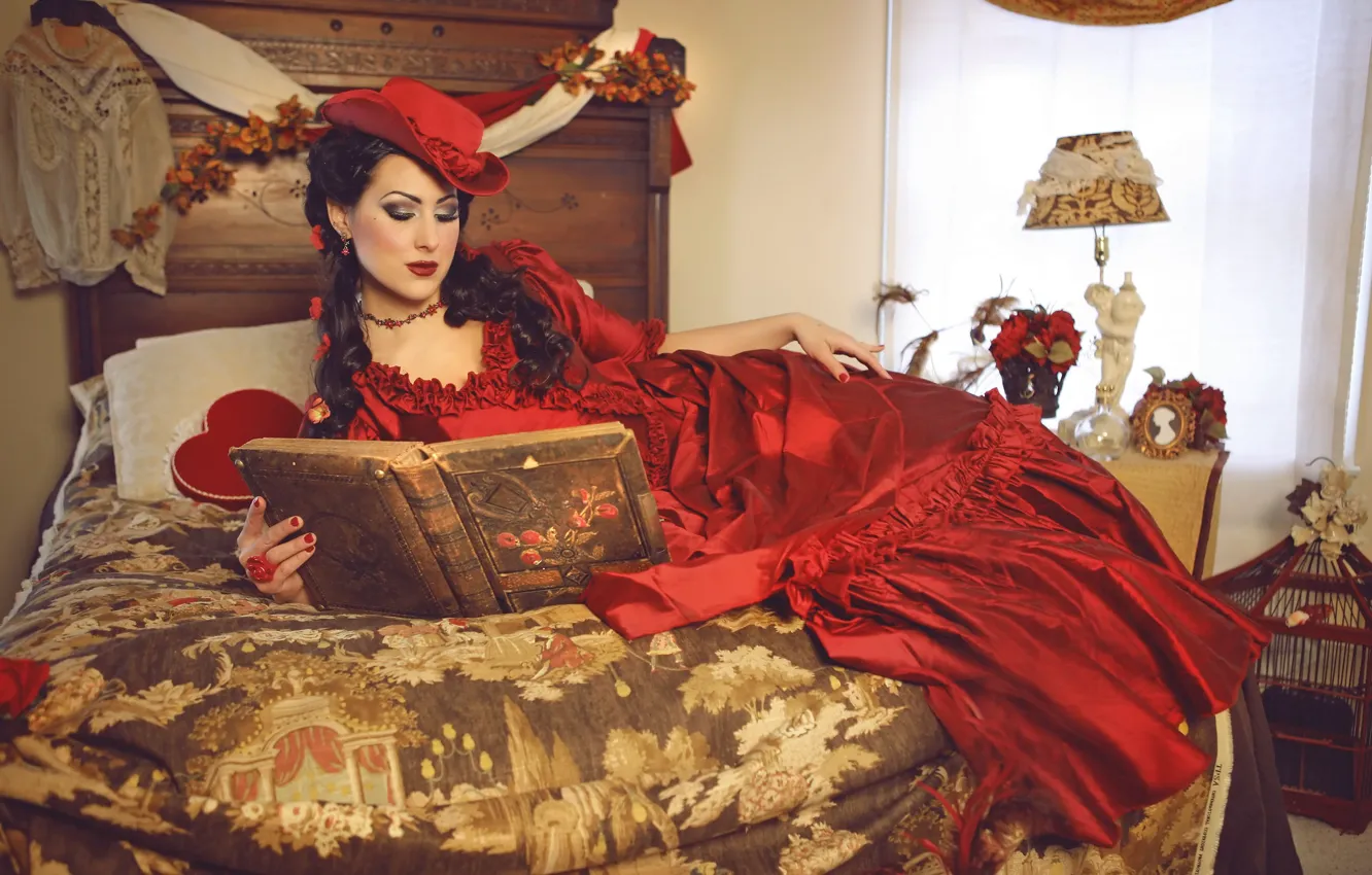 Photo wallpaper look, girl, pose, style, room, woman, lamp, bed