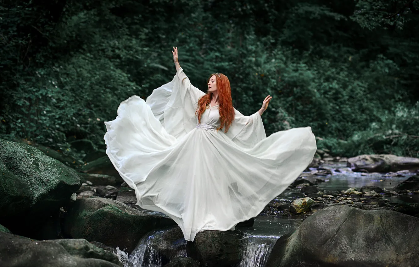 Photo wallpaper girl, nature, pose, river, dress, red, Dmitry Levykin