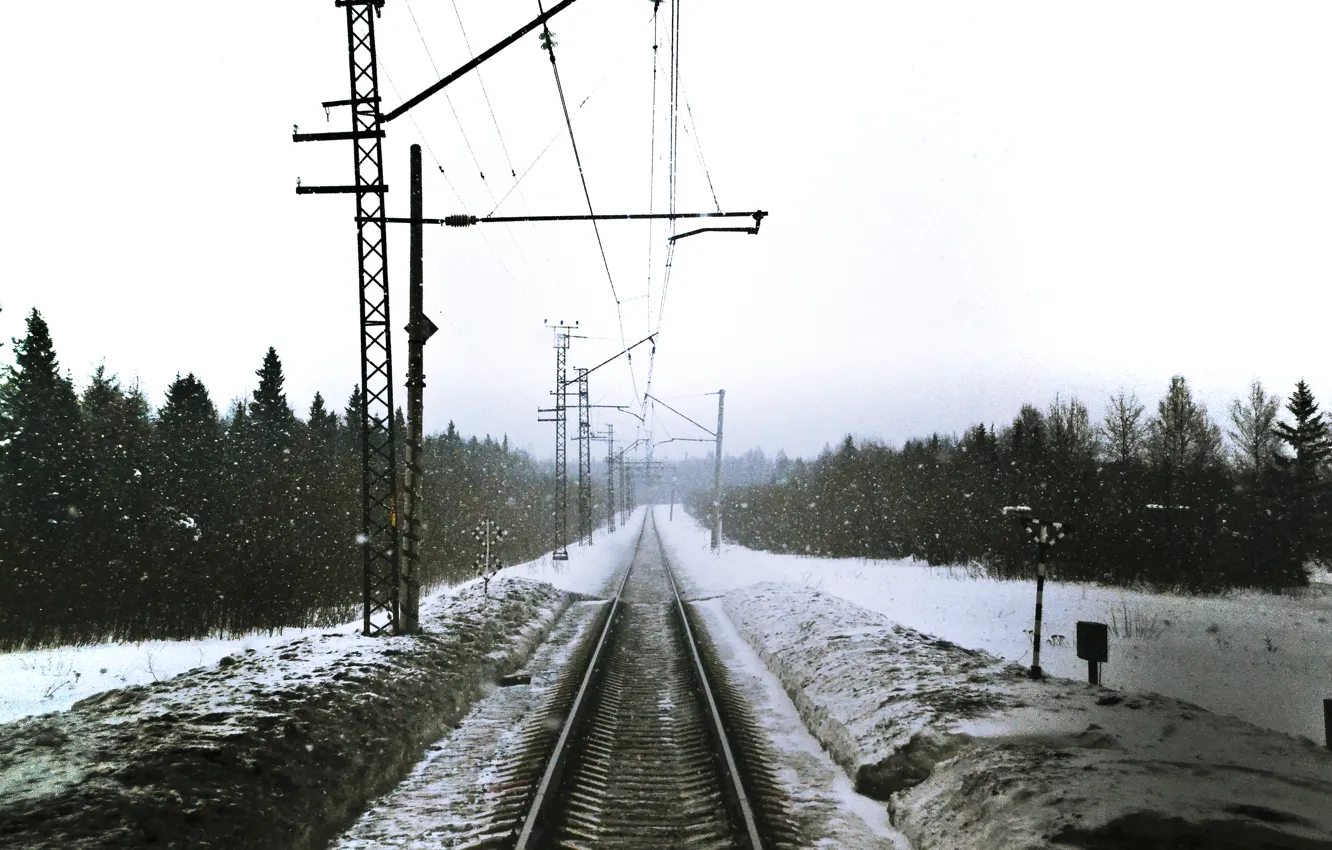 Photo wallpaper winter, road, snow, train, train, railroad, the distance