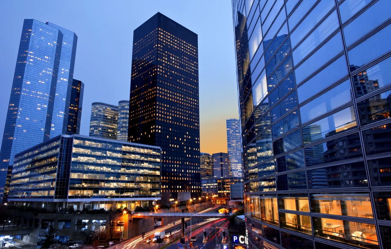 Photo wallpaper road, machine, light, night, bridge, the city, lights, France