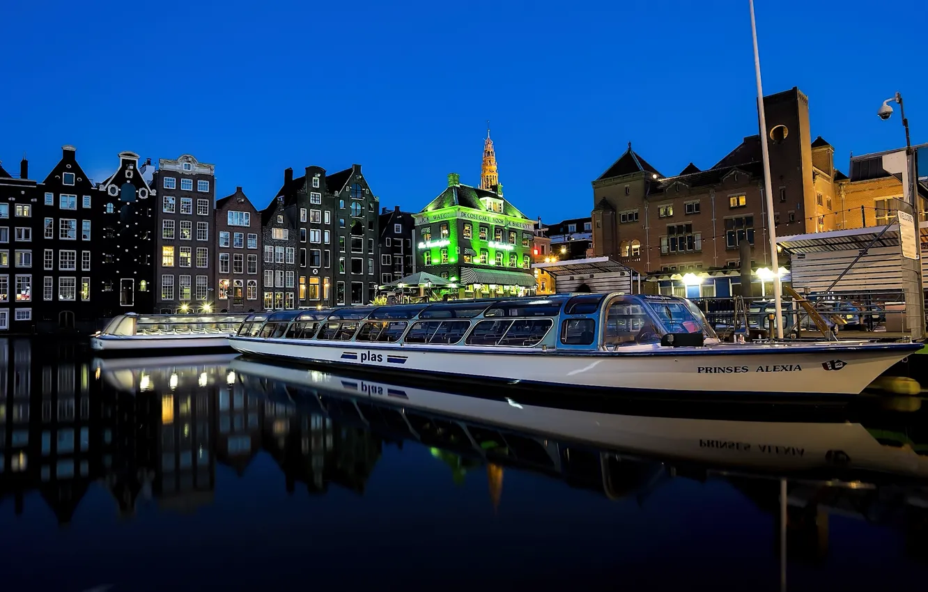 Photo wallpaper the city, lights, river, night, promenade, the waterbus