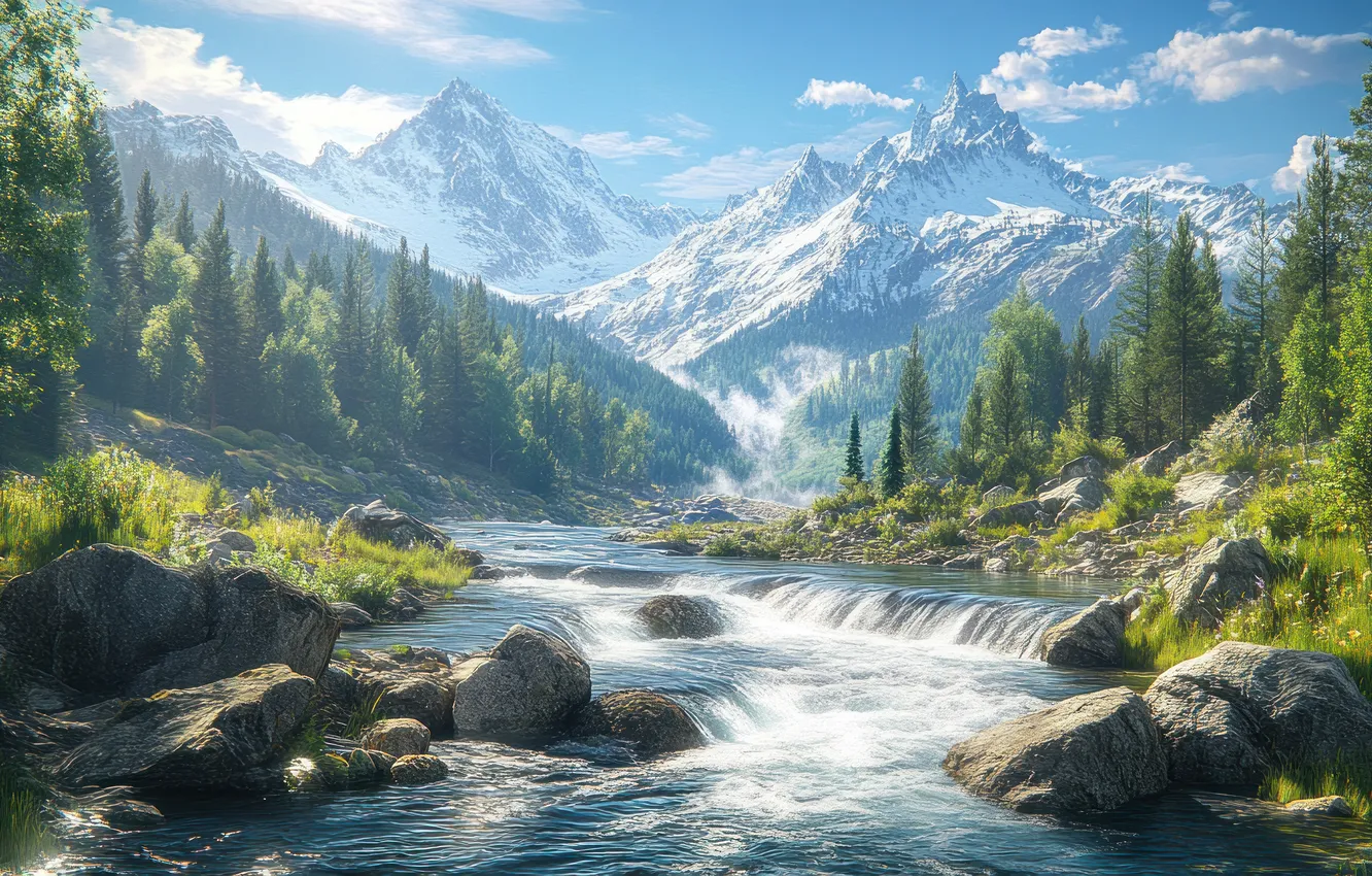 Photo wallpaper forest, clouds, light, snow, trees, mountains, fog, river
