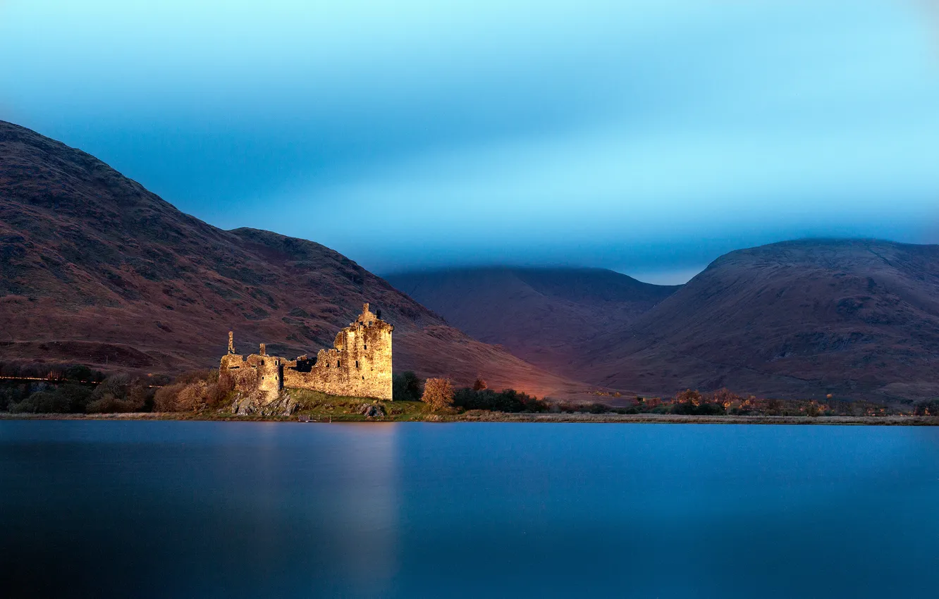 Photo wallpaper mountains, lake, Scotland, UK, haze, lake, Scotland, Great Britain