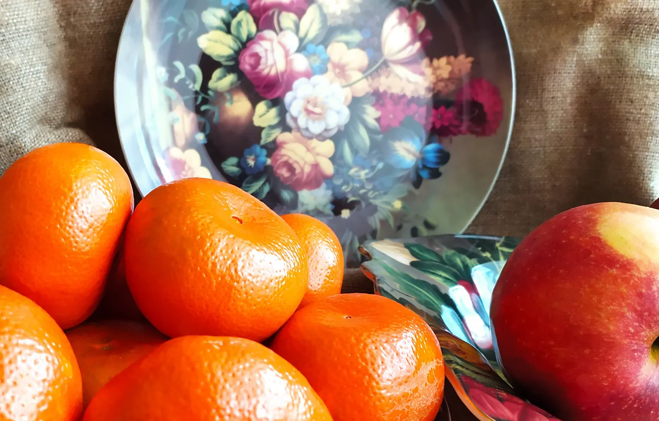 Photo wallpaper flowers, apples, fruit, still life, painting, burlap, tray, composition