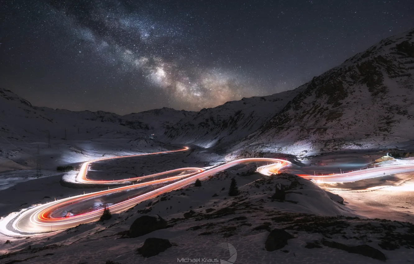 Photo wallpaper road, the sky, stars, light, mountains, night, excerpt, the milky way
