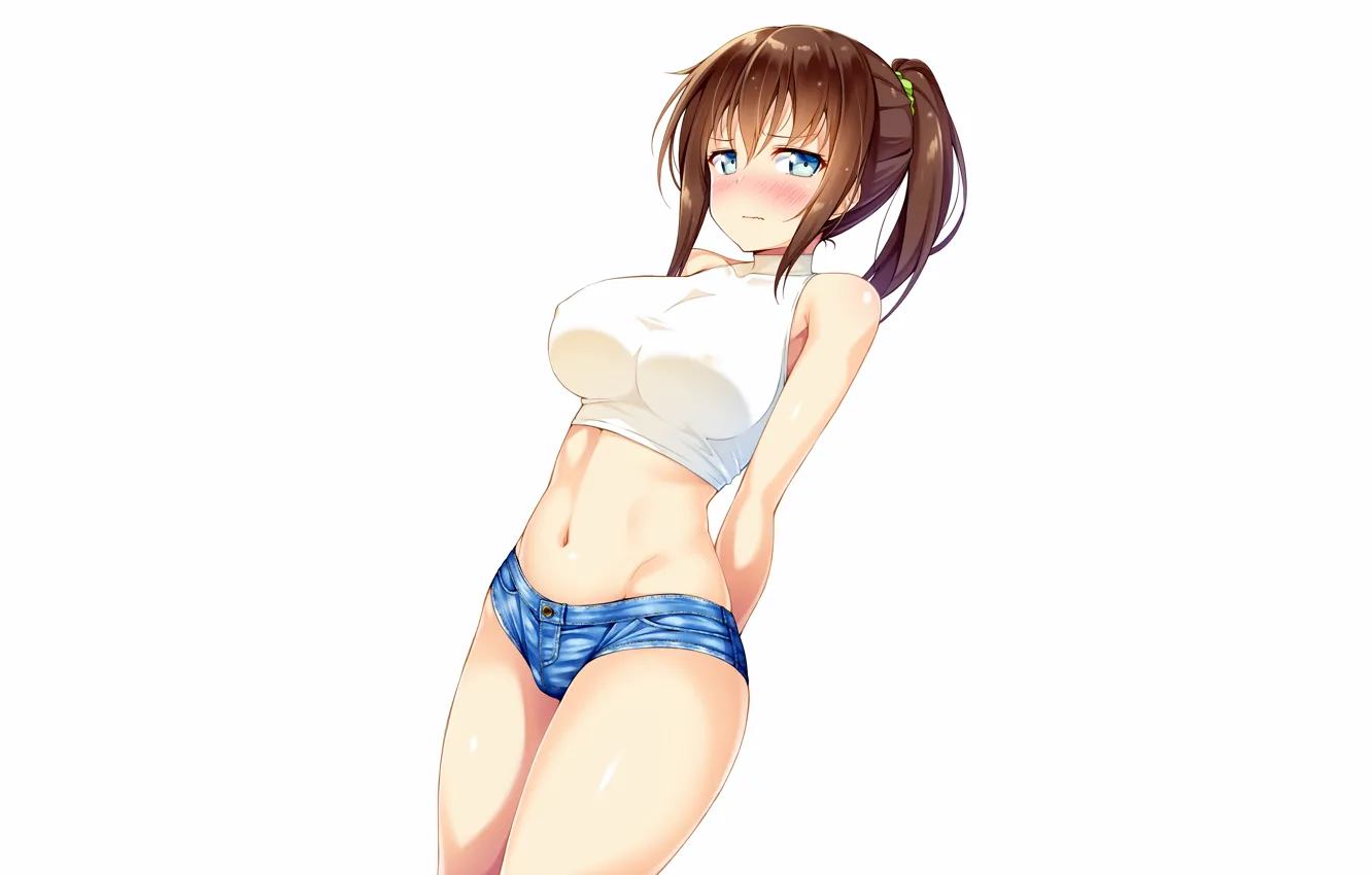 Photo wallpaper girl, sexy, cleavage, shorts, long hair, brown hair, boobs, anime