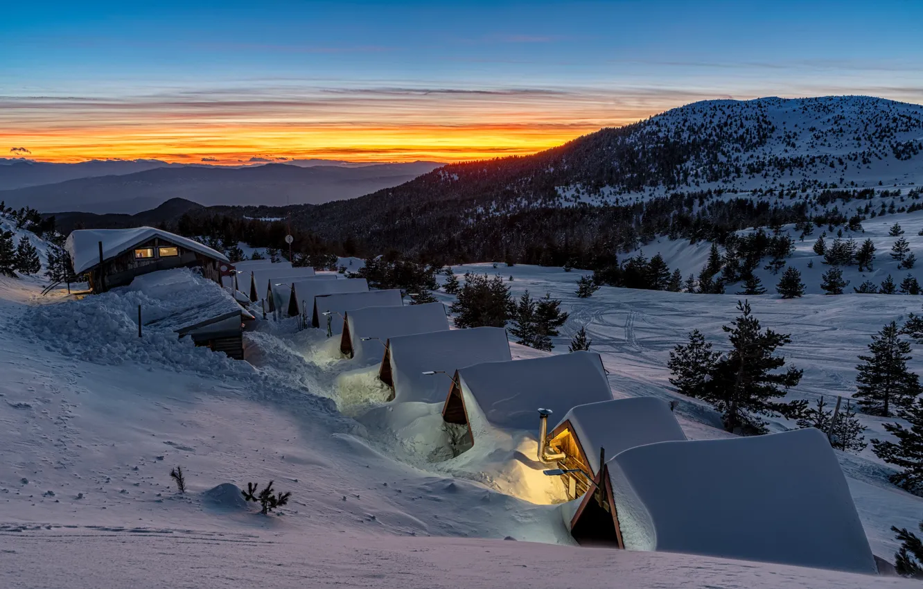 Photo wallpaper winter, forest, snow, landscape, mountains, nature, the evening, house