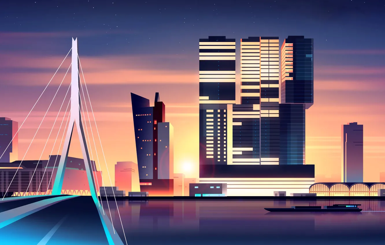 Photo wallpaper sunset, bridge, the city, style, river, building, minimalism, art