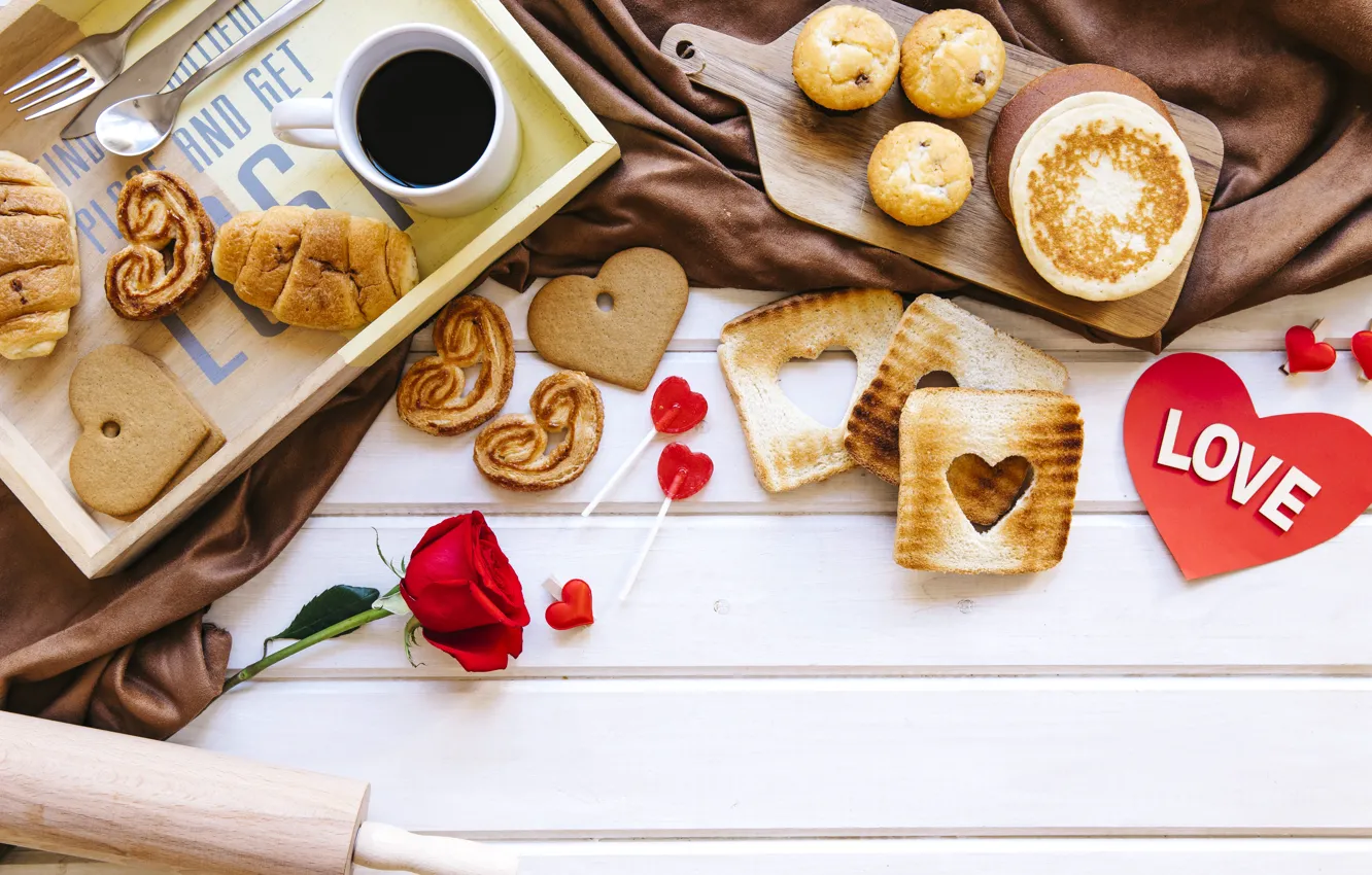 Photo wallpaper rose, coffee, Breakfast, cookies, gifts, love, rose, coffe