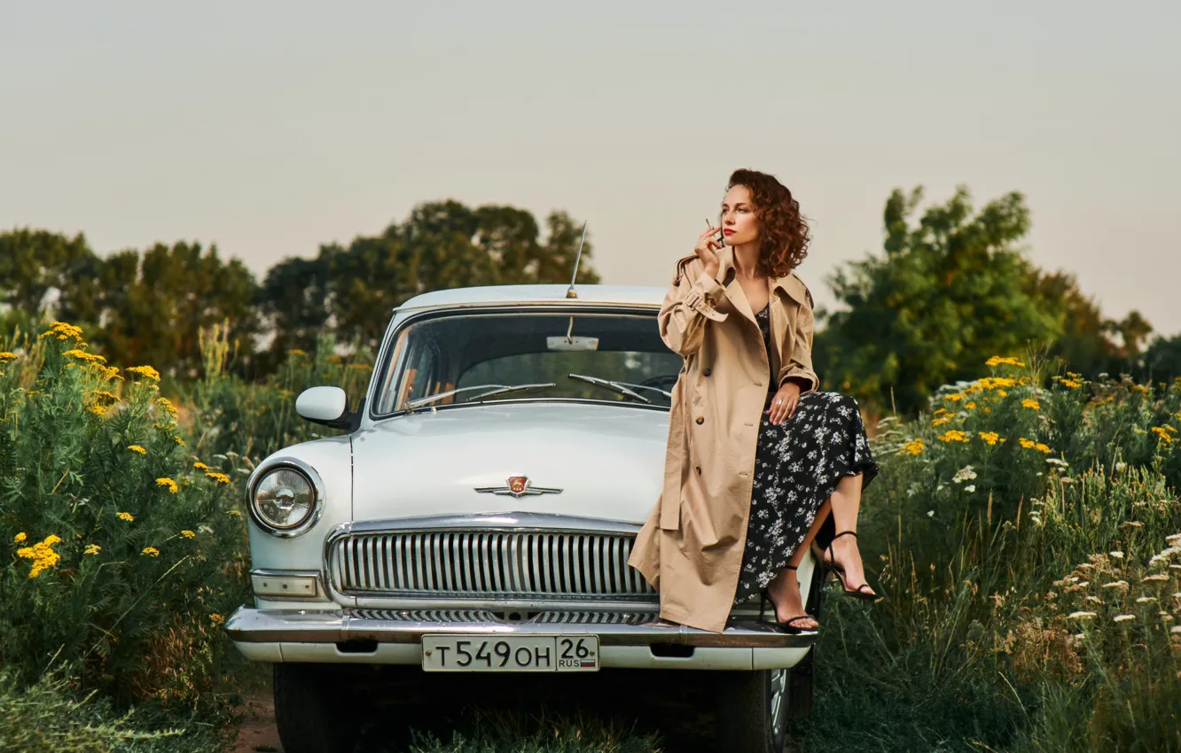 Photo wallpaper machine, auto, girl, nature, pose, cigarette, cloak, Volga