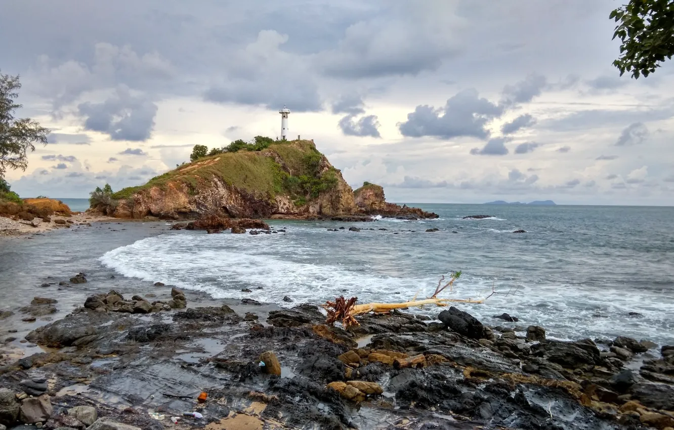 Photo wallpaper Sea, Lighthouse, Rock