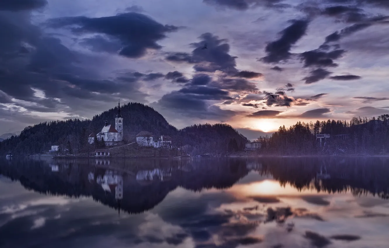 Photo wallpaper water, home, morning, Slovenia, Bled lake