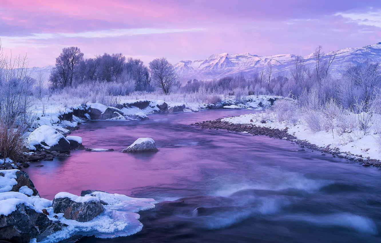 Photo wallpaper winter, snow, mountains, ice, USA, Utah, the Provo river