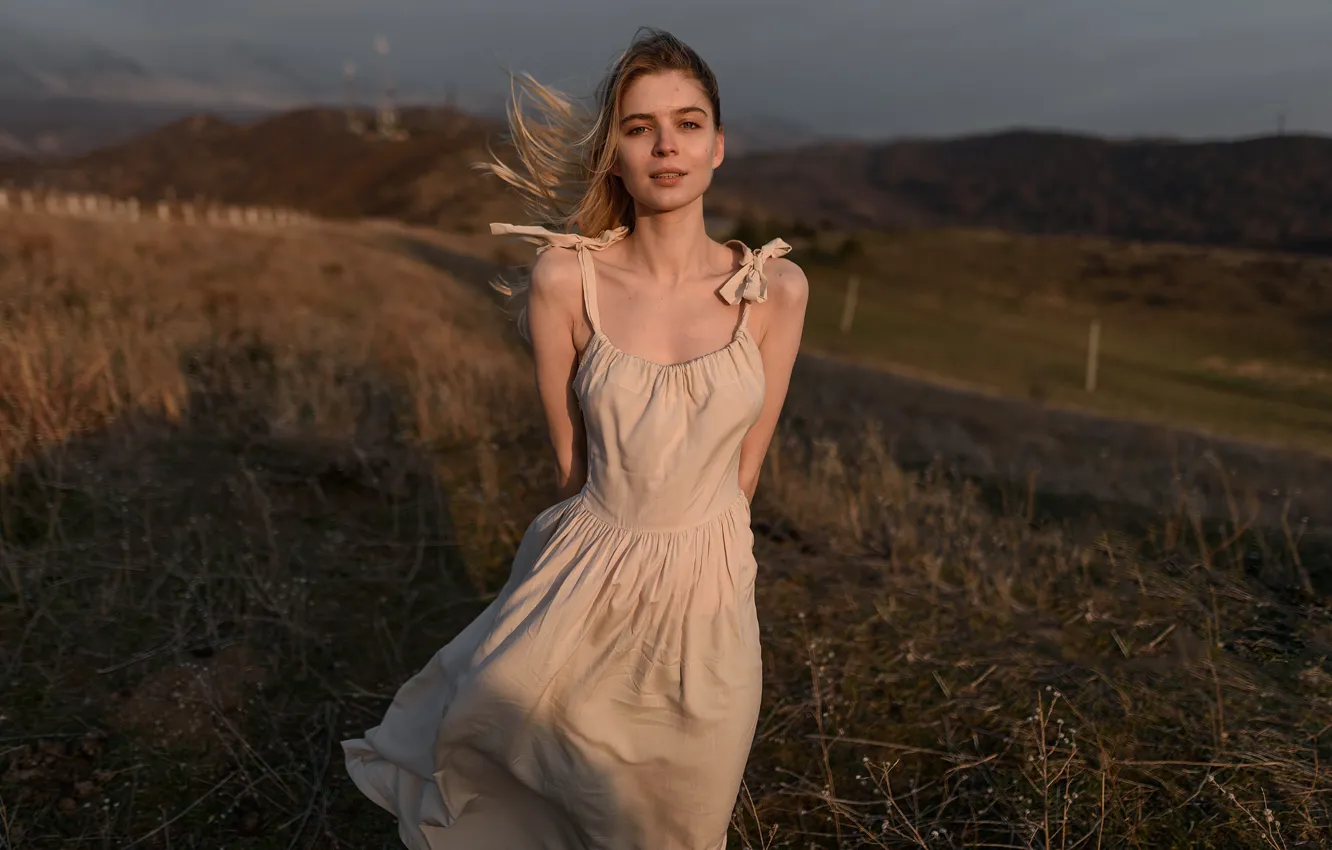 Photo wallpaper field, girl, the wind, dress, Juliana Naidenova