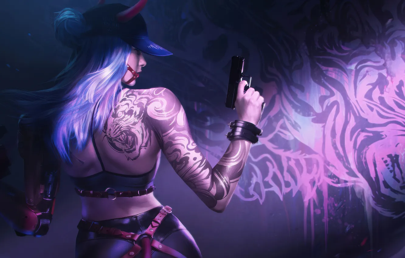 Photo wallpaper girl, gun, tiger, tattoo, AI Art, AI Generated