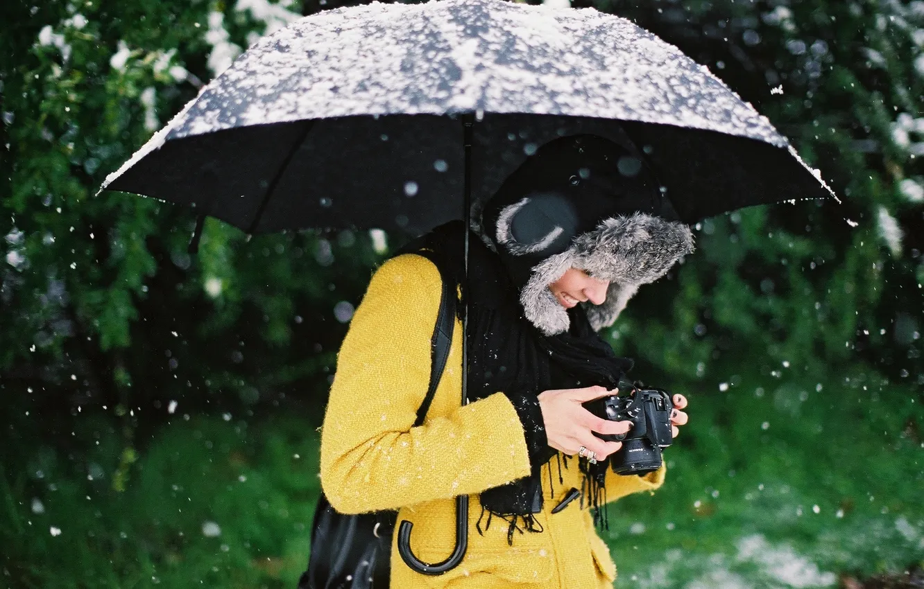 Photo wallpaper girl, snow, smile, hat, umbrella, camera, the camera, looks