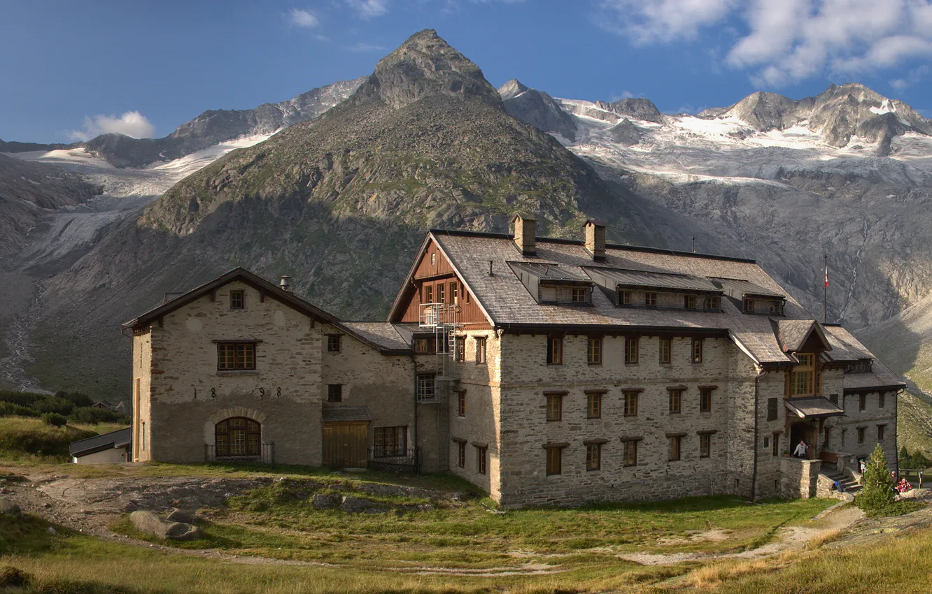 Photo wallpaper the sky, grass, clouds, snow, landscape, mountains, nature, photo