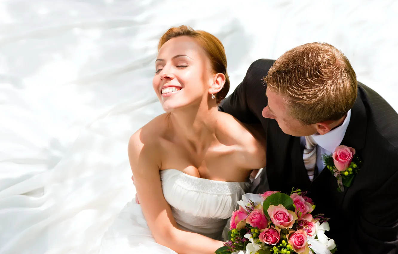 Photo wallpaper flowers, laughter, bouquet, the bride, wedding, the groom