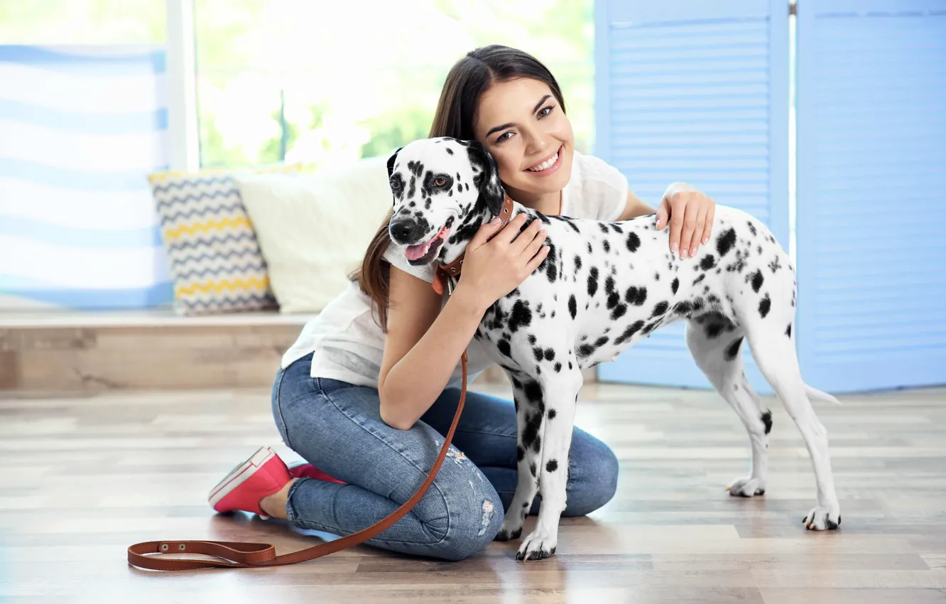 Photo wallpaper girl, mood, dog, dog, Dalmatian, dalmatian