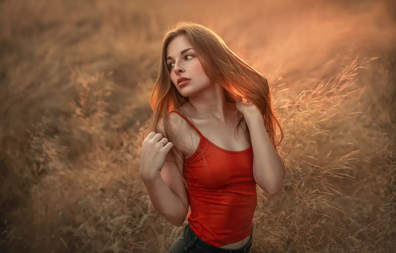 Photo wallpaper field, summer, girl, pose, hair, Mike, chain, beautiful
