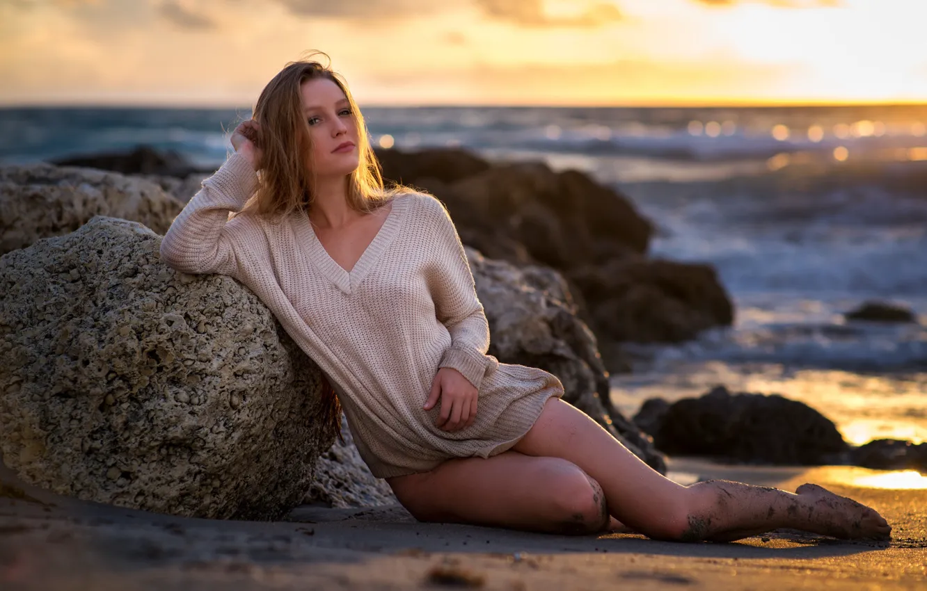 Photo wallpaper sea, girl, dawn, legs