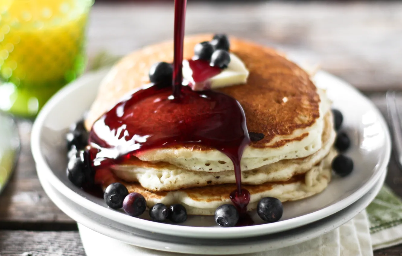 Photo wallpaper macro, berries, food, berry, blueberries, sweet, pancakes, currants